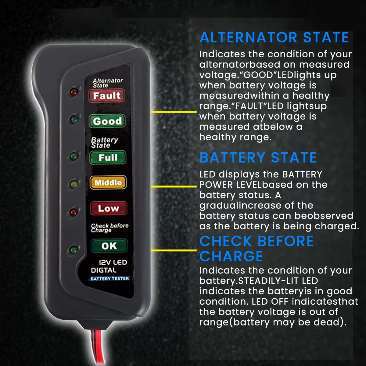 STHIRA Lukzer 12V Digital Battery Tester Alternator for Vehicles with 6 LED Lights STHIRA Lukzer 12V Digital Battery Tester Alternator for Vehicles with 6 LED Lights